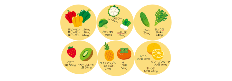 図2．ビタミンCを多く含む野菜と果物
注：野菜は1食の目安量として小鉢1皿程度（約80g）で算出